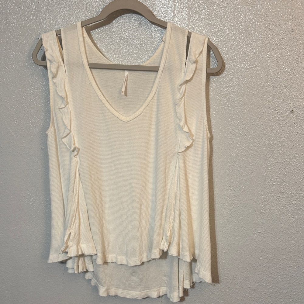 Free People Bondi Ruffle Tank White V Neck Boho Cottagecore Flowy Waffle Knit XS - Picture 6 of 8